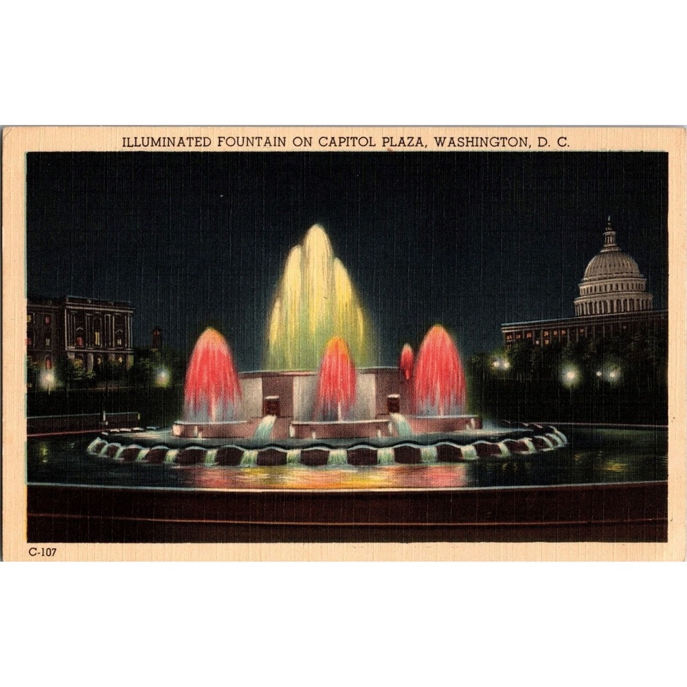 Vintage Postcard Illuminated Fountain on Capitol Plaza Washington DC C-107 Night